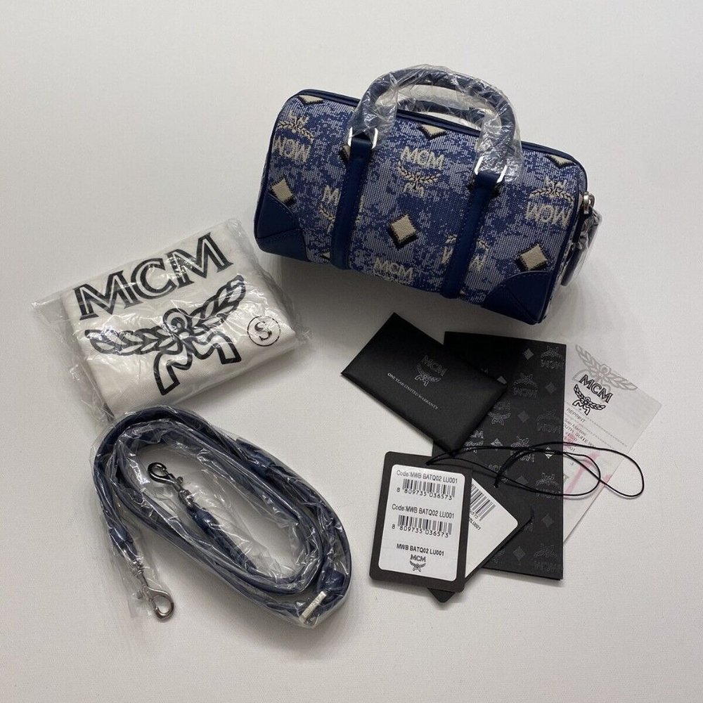 MCM Stark Vintage Jacquard Monogram Canvas Leather Mini Boston Crossbody Bag